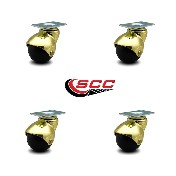 2 Inch Bright Brass Hooded Top Plate Ball Casters, 4PK